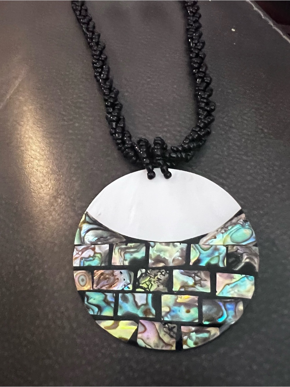 Abalone Mosaic Pendant Necklace - Black Cord and Earrings. BEAUTIFUL